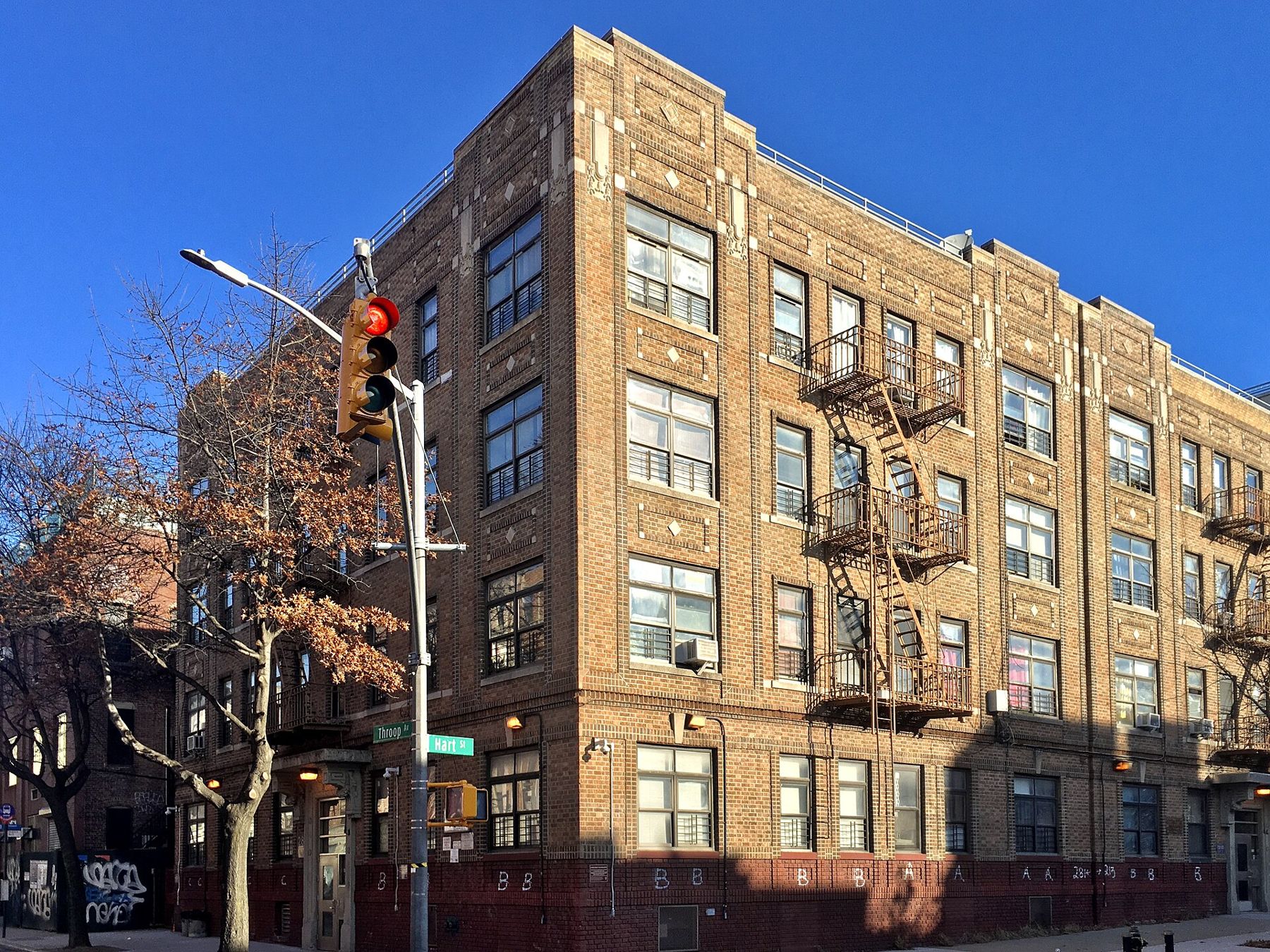 Apartment building with fire escapes in Bedford-Stuyvesant, Brooklyn